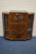 AN EARLY TO MID 20TH CENTURY WALNUT SIDE BY SIDE DRINKS CABINET, with painted chinoiserie