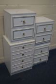 THREE MATCHING WHITE TWO DRAWER BEDSIDE CHESTS, a similar four drawer bedside cabinet (4)