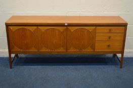 A NATHAN CIRCLES TEAK SIDEBOARD, with a fall front door and three graduated drawers, the top