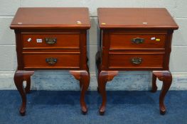 A PAIR OF REPRODUCTION MAHOGANY TWO DRAWER BEDSIDE CHESTS, on cabriole legs, width 51cm x depth 37cm