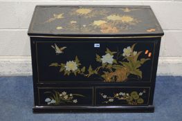 A CHINESE EBONISED AND CHINOISERIE TV CABINET, with a fall front door and two drawers, width 81cm
