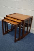 A G PLAN QUADRILLE TEAK NEST OF THREE TABLES, largest table, width 54cm x depth 43cm x height 49cm