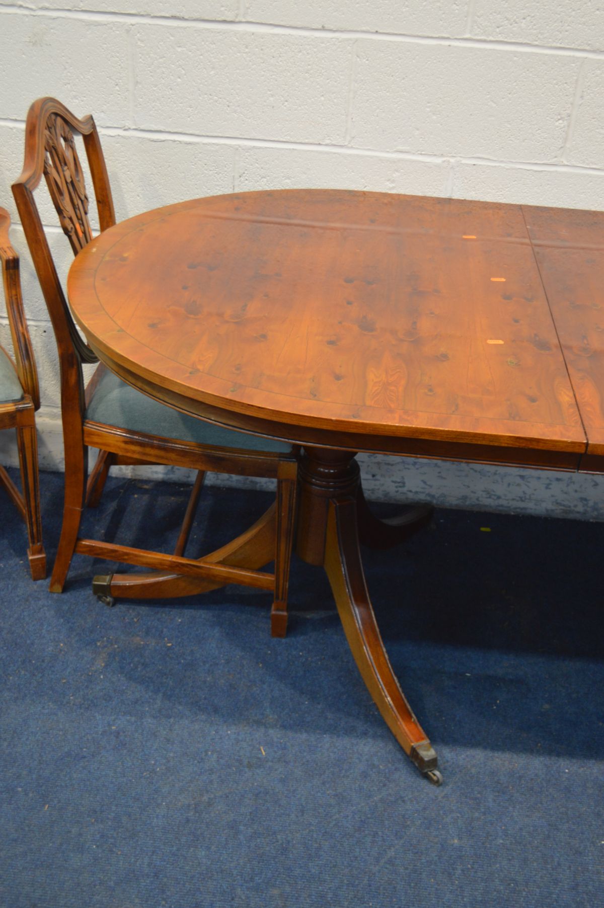 A MODERN YEWWOOD TWIN PEDESTAL DINING TABLE, with a single leaf, extended length 216cm x closed - Image 3 of 3