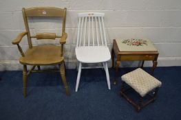 A BEECH BAR BACK ELBOW CHAIR, a needlework piano stool, barley twist footstool and a painted spindle