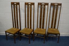 A SET OF FOUR REPRODUCTION OAK HIGH BACK CHAIRS, modelled after Charles Rennie Macintosh, with