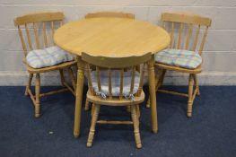 A MODERN BEECH CIRCULAR KITCHEN TABLE, diameter 91cm x height 76cm and four chairs (5)