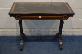 A VICTORIAN AESTHETIC MOVEMENT EBONISED AND AMBOYNA CARD TABLE, the fold over top enclosing a purple