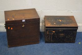 AN EARLY 20TH CENTURY OAK HINGED TOP SILVER CHEST, with iron drop handles, width 46cm x depth 32cm x