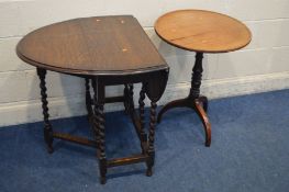 A GEORGIAN MAHOGANY DISH TOPPED TRIPOD TABLE (split top) along with a small oak barley twist drop