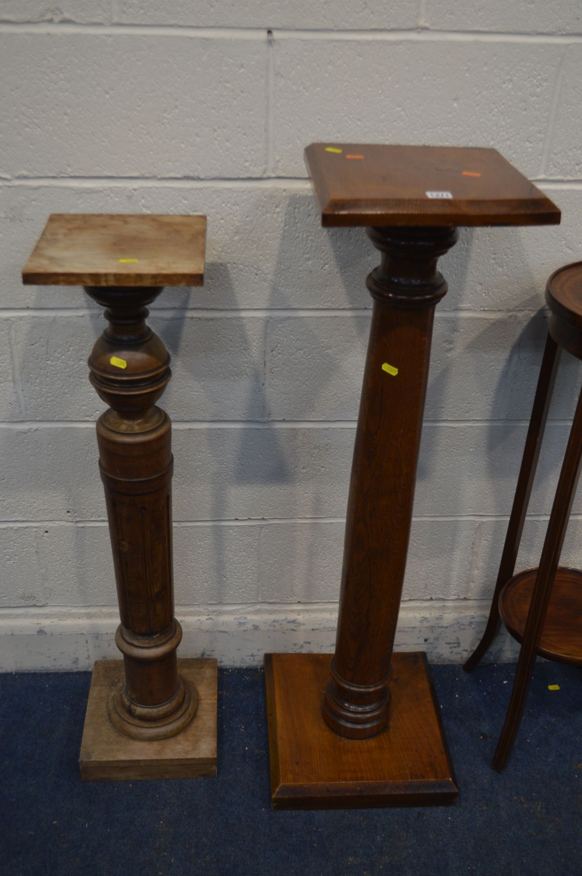 AN OAK TORCHERE STAND on a cylindrical and turned support, height 115cm, another torchere stand, - Image 2 of 4