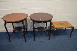 TWO EDWARDIAN MAHOGANY CENTRE TABLES, and a walnut occasional table (3)