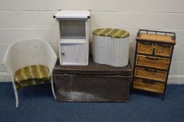 A PAINTED LLOYD LOOM BEDROOM CHAIR, BEDSIDE CABINET AND KIDNEY LINEN BASKET, along with a wicker