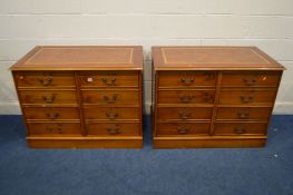 A PAIR OF YEWWOOD SIDEBOARD/FOUR DRAWER FILING CABINETS with brown leather and gilt tooled inlay