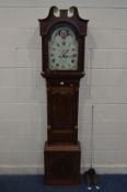 A GEORGE III OAK, MAHOGANY AND INLAID EIGHT DAY LONGCASE CLOCK, swan neck pediment, turned pillar