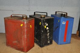 THREE VINTAGE PETROL CANS, including a refurbished Redline can with a brass Shell cap, the other two