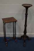 A VICTORIAN STYLE MAHOGANY TORCHERE STAND on an acanthus and reeded column, tripod legs and claw