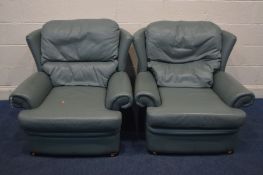 A PAIR OF GREEN LEATHER ARMCHAIRS