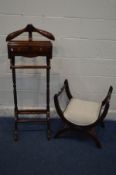 A MODERN MAHOGANY SAVONAROLA STOOL, along with a hardwood valet with two drawers (S.D loose hanger)