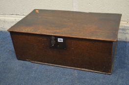 A GEORGIAN OAK BIBLE BOX with a hinged lid, carved with initials TI, width 69cm x depth 40cm x