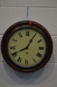 A VICTORIAN MAHOGANY CIRCULAR WALL CLOCK, white dial with roman numerals (pendulum)