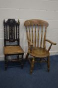 A 19TH CENTURY ELM AND BEECH CIRCULAR SEATED WINDSOR ARMCHAIR on a H stretchered base, and a