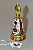 A ROYAL CROWN DERBY 1128 IMARI GOLD BAND CANDLE SNUFFER OF BELL FORM, a second, printed marks,