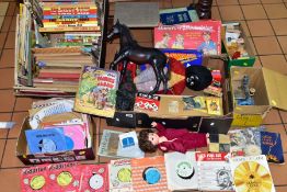 A QUANTITY OF VINTAGE TOYS, GAMES, PUZZLES AND ANNUALS, ETC, to include wooden dolls furniture