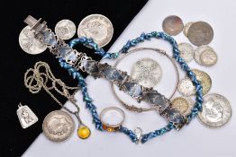 A BAG OF ASSORTED ITEMS, to include a white metal damascene bracelet fitted with an integrated box