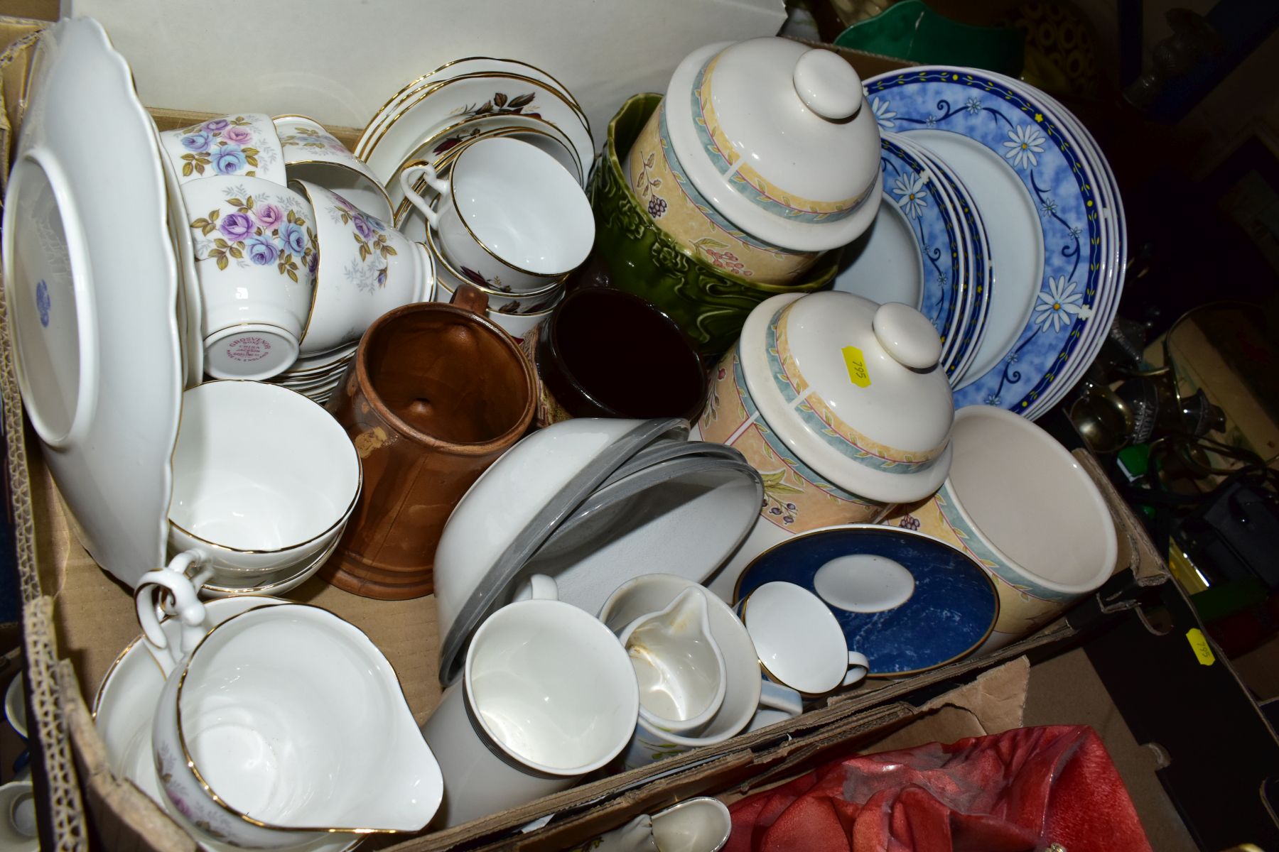 FOUR BOXES OF CERAMICS AND GLASSWARE, METALWARE, etc, including a pair of late Victorian - Image 4 of 11