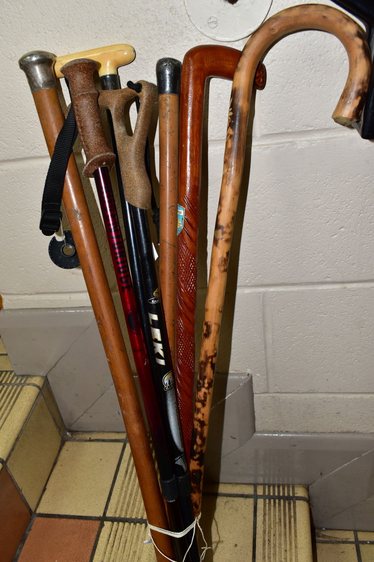 A BUNDLE OF SEVEN WALKING STICKS AND CANES, two Malacca walking sticks with hallmarked silver mounts - Image 4 of 4