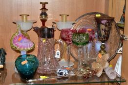 A GROUP OF LATE 19TH, 20TH AND 21ST CENTURY GLASSWARE, including a claret jug with silver plated