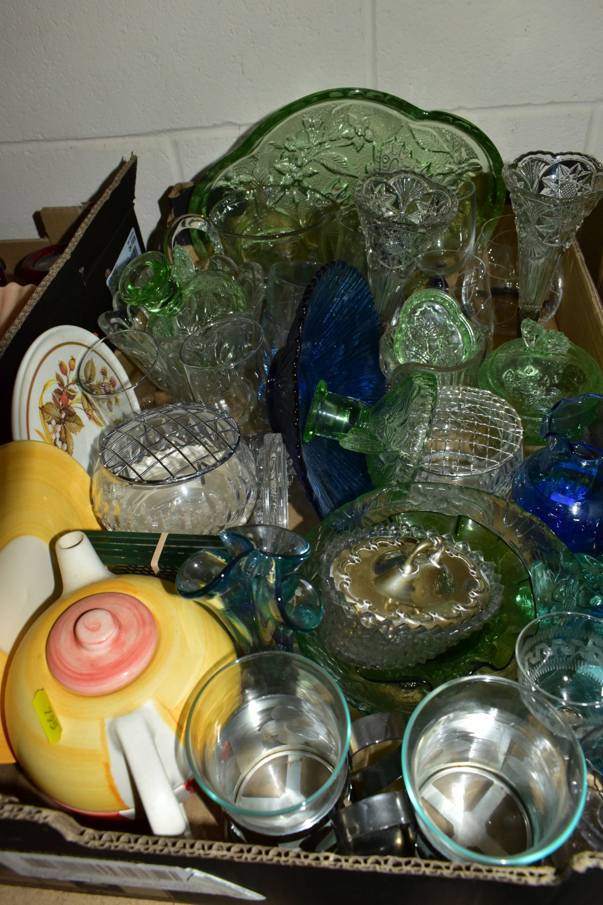 FOUR BOXES OF CERAMICS AND GLASSWARE, METALWARE, etc, including a pair of late Victorian - Image 7 of 11