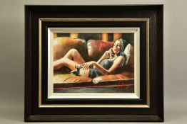 FABIAN PEREZ (ARGETINA 1967) 'VANESSA'S LAST PHONE CALL', a female figure in repose on a sofa,