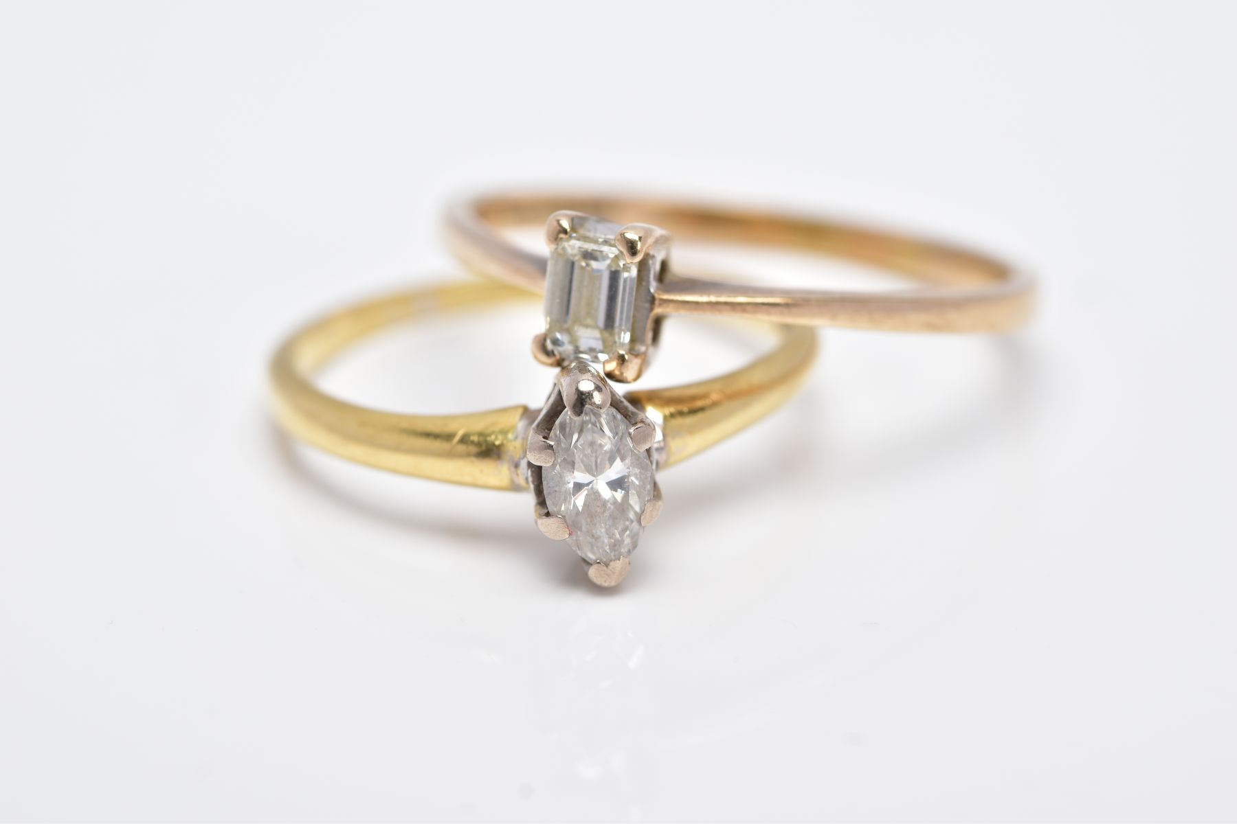 TWO DIAMOND SET RINGS, the first designed with a claw set marquise cut diamond, total estimated - Image 3 of 4