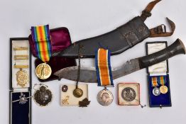 A BOX CONTAINING A TOURIST STYLE SMALL KIKRI KNIFE AND SCABBARD to include medals, badges, masonic