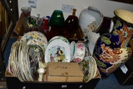 TWO BOXES AND LOOSE CERAMICS AND GLASS, ETC, to include collectors plates, five Wedgwood 'Life on