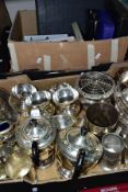 THREE BOXES OF SILVER PLATE AND FLAT WARES ETC, to include tea and coffee pots, pedestal fruit