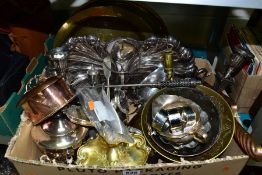 A BOX OF METALWARES, including silver plate, copper, brass, etc, a set of four Keswick School of