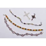 THREE WHITE METAL GEM SET LINE BRACELETS AND TWO WHITE METAL PENDANTS, to include an amber set