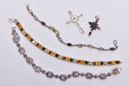 THREE WHITE METAL GEM SET LINE BRACELETS AND TWO WHITE METAL PENDANTS, to include an amber set