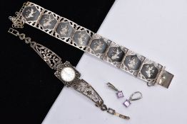 A LADIES SILVER WRISTWATCH AND A BRACELET, the ladies quartz watch designed with a round mother of