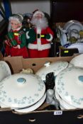 THREE BOXES AND LOOSE CERAMICS, HARDSTONE CARVINGS, CHRISTMAS DECORATIONS, etc, including a