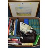 A FRAMED WATERCOLOUR, A BOX OF BOOKS, ETC, to include 'By The Sea' titled verso and initialled