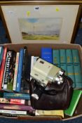 A FRAMED WATERCOLOUR, A BOX OF BOOKS, ETC, to include 'By The Sea' titled verso and initialled