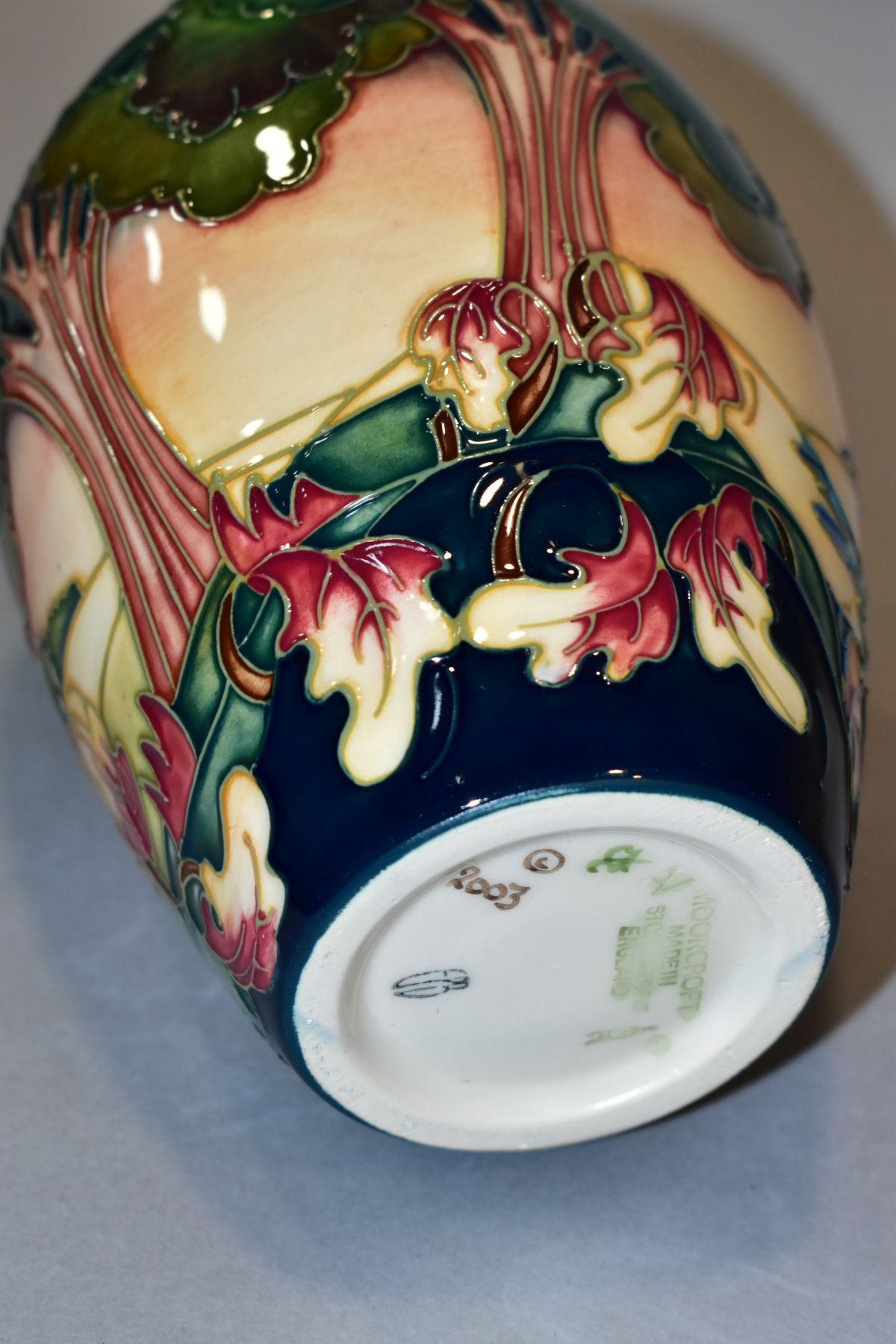 A BOXED MOORCROFT POTTERY VASE, 'Evening Sky' 2003 by Emma Bosson, impressed backstamp and painted - Image 6 of 6