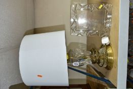 A CUT GLASS AND BRASS TABLE LAMP, unbranded, approximate height 35cm excluding shade, together