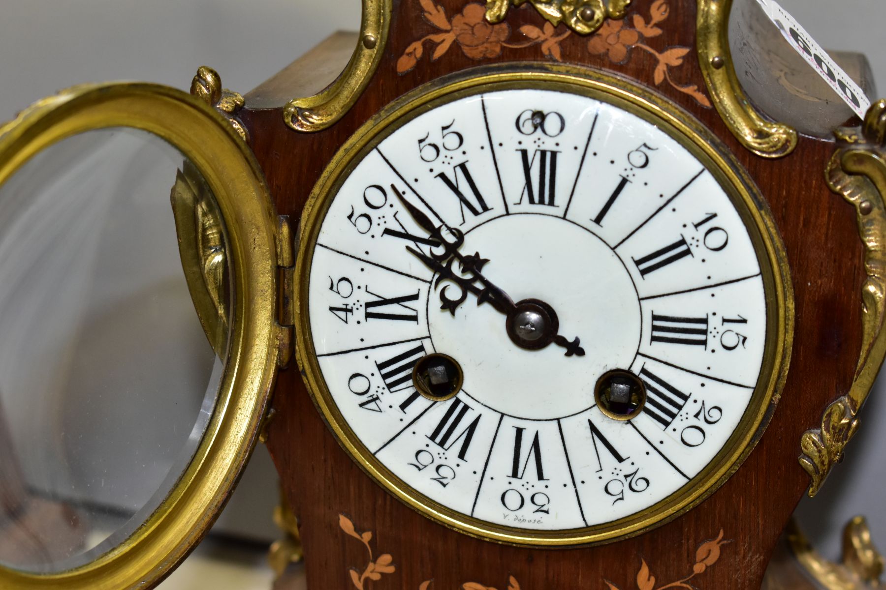 A LATE 19TH CENTURY LOUIS XVI STYLE GILT METAL AND MARQUETRY MANTEL CLOCK, enamel dial, Arabic and - Image 7 of 7