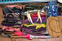 TWO BOXES OF LADIES HANDBAGS AND UMBRELLAS, handbag brands include Kipling, Stone Mountain,