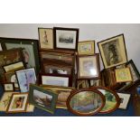 TWO BOXES AND LOOSE ASSORTED PRINTS, ETC, to include framed needlepoint pictures, Ruane Manning