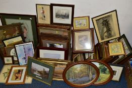 TWO BOXES AND LOOSE ASSORTED PRINTS, ETC, to include framed needlepoint pictures, Ruane Manning